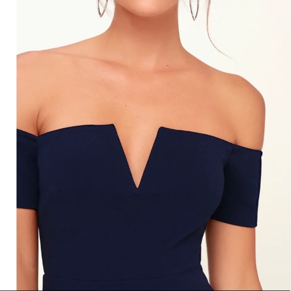 NWT LULUS Lynne Navy Blue Off the Shoulder Maxi XS - Picture 2 of 5